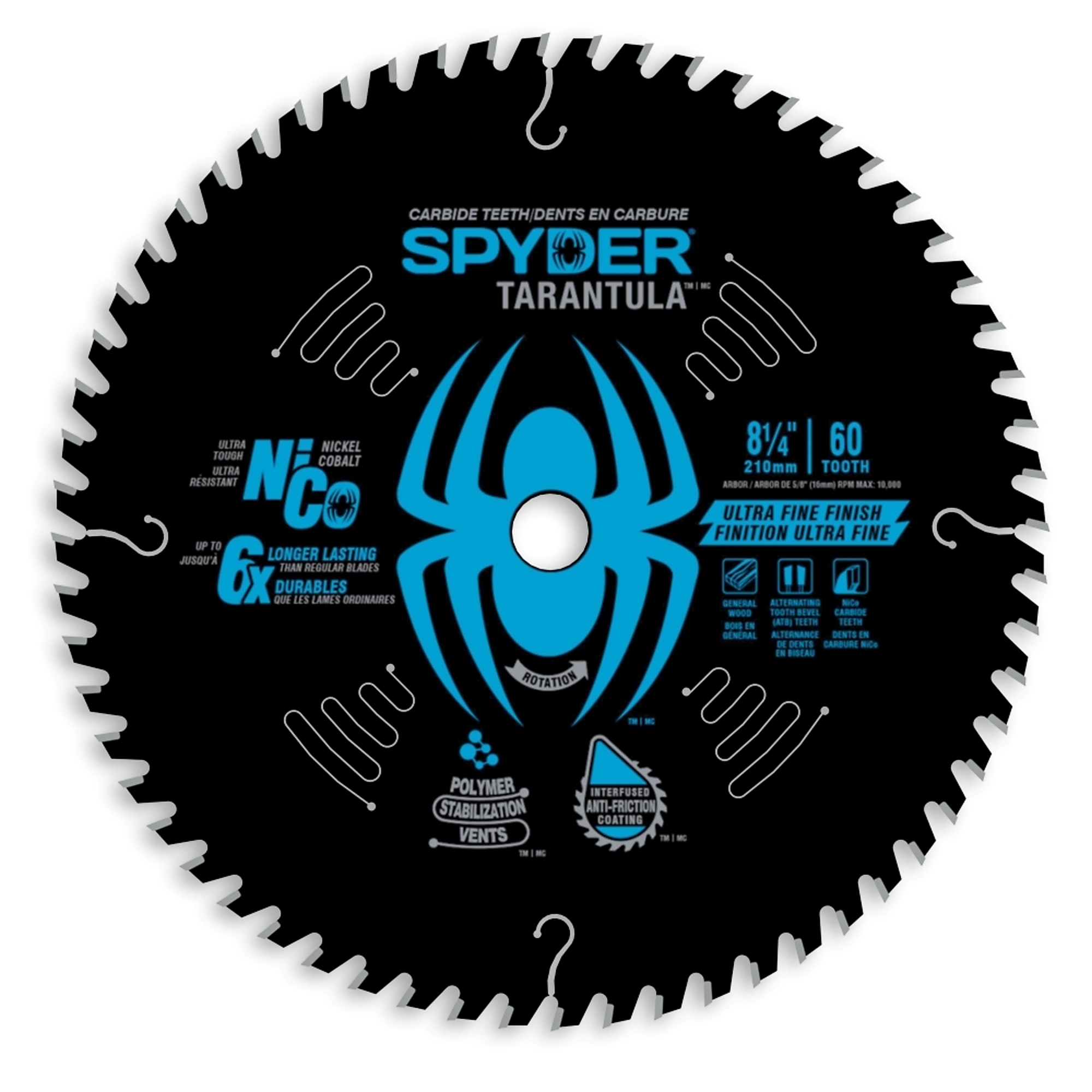 Spyder Tarantula Circular Saw Blade - 8 1/4in. Dia., 60T, NiCo Teeth, Polymer-Filled Stabilization Vents, Model# 13068CA